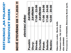 otevírací doba restaurace Na Polance od 7.1.2026